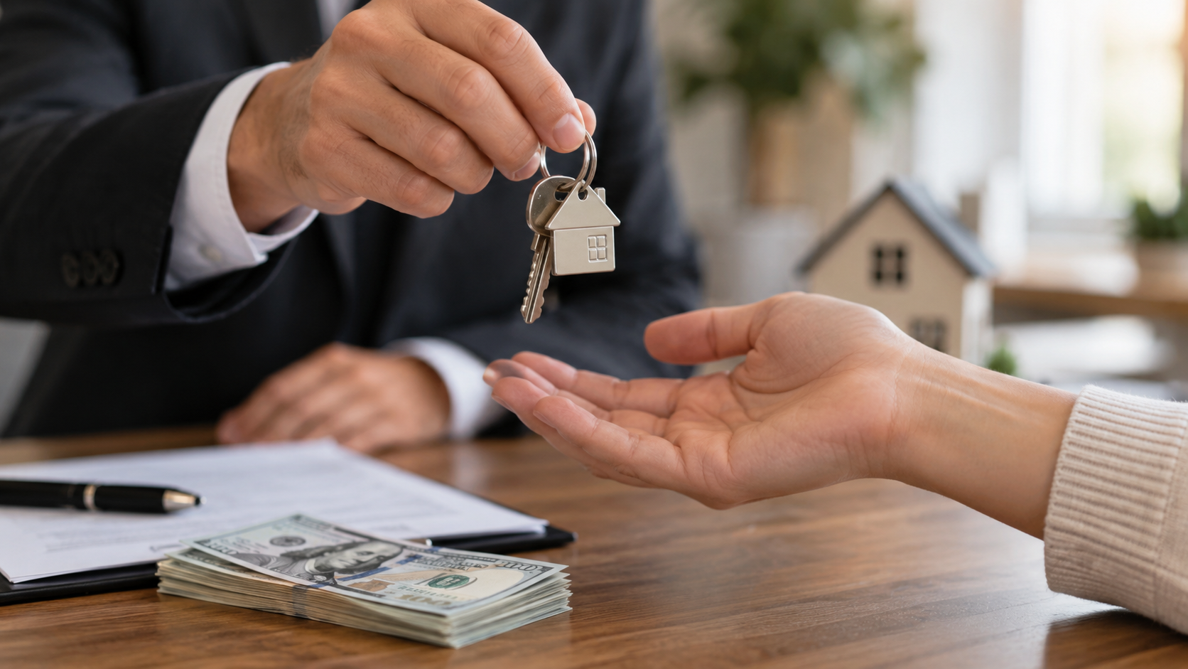 A person handing over house keys for cash